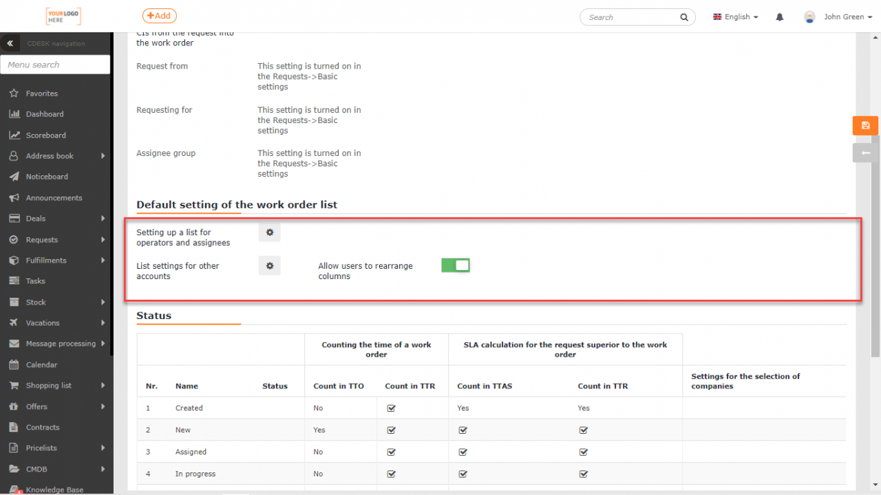 Work Orders – Settings - CDESK