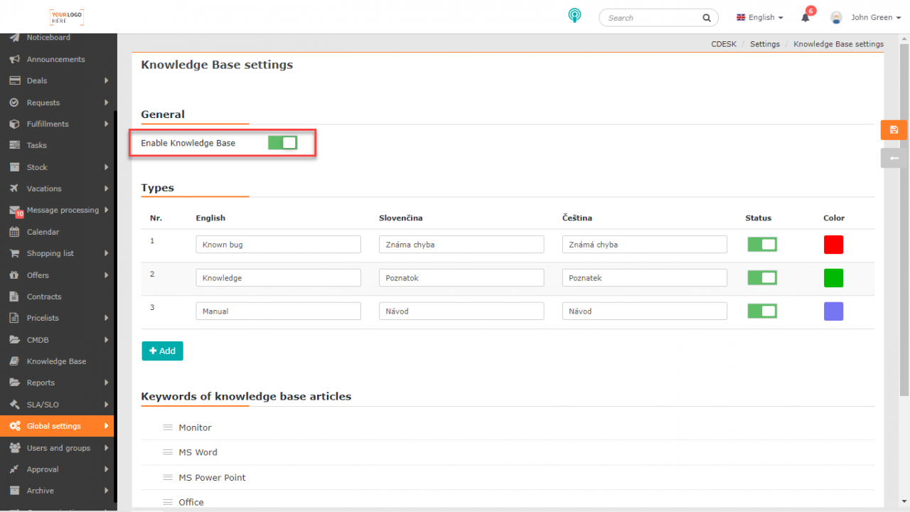 Knowledge Base - Settings - CDESK