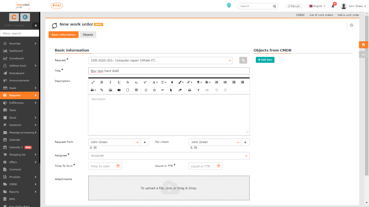 Create a Work Order, List of Work Orders - CDESK