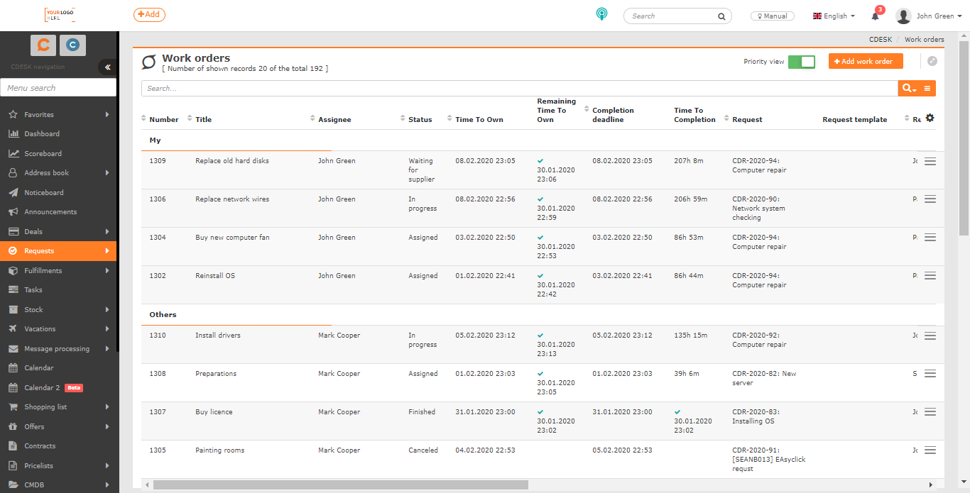 Create a Work Order, List of Work Orders - CDESK